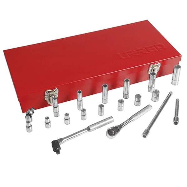 URREA  |  4700CA  |  JGO. DADOS Y ACCESORIOS CUADRO 1/4" STD 6 PUNTAS 20 PZAS C/CAJA METALICA