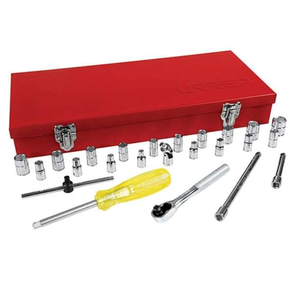 URREA  |  4700CM  |  JGO. DADOS Y ACCESORIOS CUADRO 1/4" STD Y MM 6 PUNTAS 25 PZAS C/CAJA METALICA