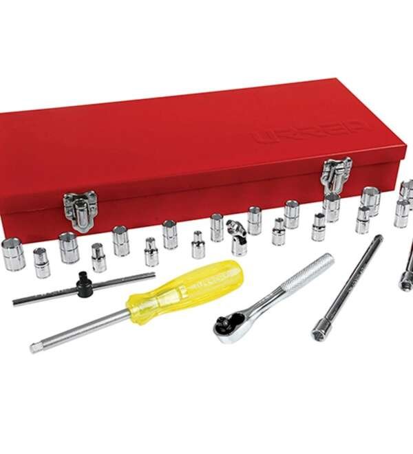 URREA  |  4700CM  |  JGO. DADOS Y ACCESORIOS CUADRO 1/4" STD Y MM 6 PUNTAS 25 PZAS C/CAJA METALICA