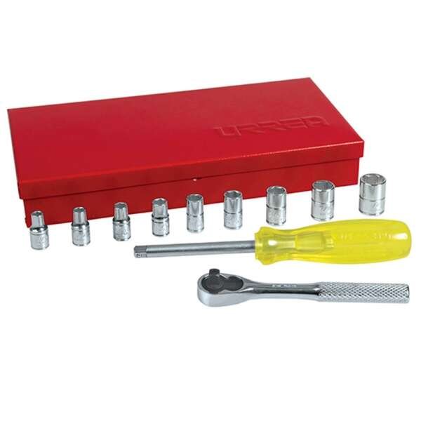 URREA  |  4700C  |  JGO. DADOS Y ACCESORIOS CUADRO 1/4" STD 6 PUNTAS 12 PZAS C/CAJA METALICA
