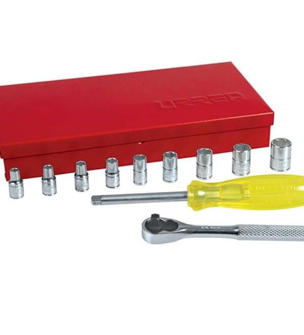 URREA  |  4700C  |  JGO. DADOS Y ACCESORIOS CUADRO 1/4" STD 6 PUNTAS 12 PZAS C/CAJA METALICA