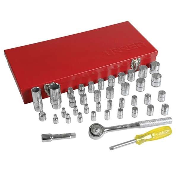 URREA  |  4700D  |  JGO. DADOS Y ACCESORIOS CUADROS 1/4 Y 3/8" STD Y MM 6/12 PUNTAS 41 PZAS C/CAJA METALICA
