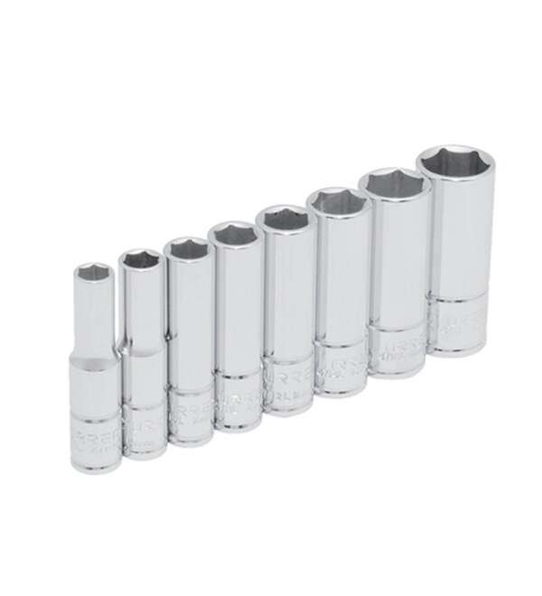 URREA  |  47102  |  JGO. DADOS LARGOS CUADRO 1/4" DE 1/4" A 9/16" 6 PUNTAS 8 PZAS EN RIEL