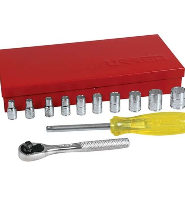 URREA  |  47110  |  JGO. DADOS Y ACCESORIOS CUADRO 1/4" STD 12 PUNTAS 13 PZAS C/CAJA METALICA