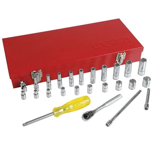 URREA  |  47116  |  JGO. DADOS Y ACCESORIOS CUADRO 1/4" STD 6 PUNTAS 26 PZAS C/CAJA METALICA