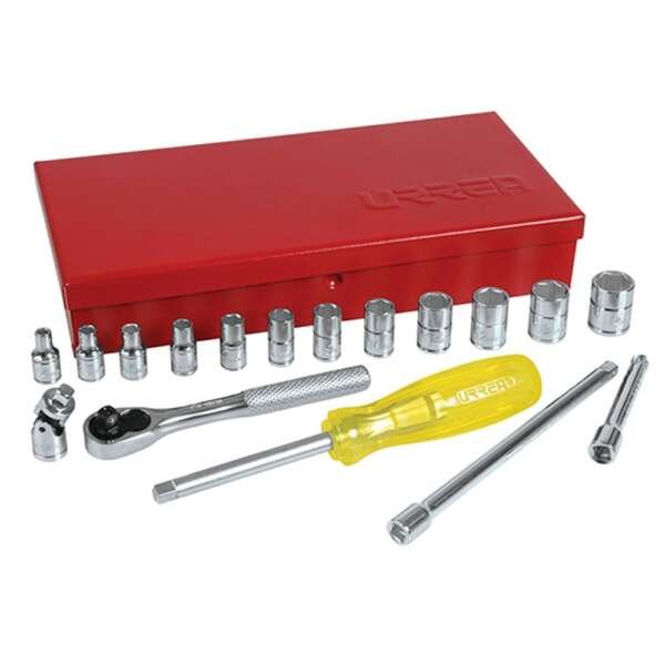 URREA  |  47205  |  JGO. DADOS Y ACCESORIOS CUADRO 1/4" MM 6 PUNTAS 18 PZAS C/CAJA METALICA