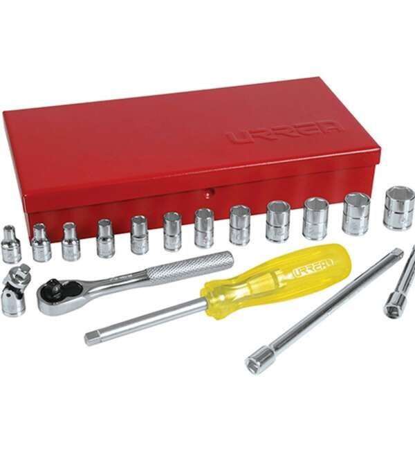 URREA  |  47205  |  JGO. DADOS Y ACCESORIOS CUADRO 1/4" MM 6 PUNTAS 18 PZAS C/CAJA METALICA