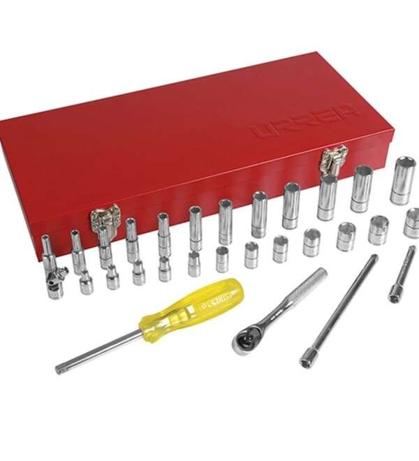 URREA  |  47206  |  JGO. DADOS Y ACCESORIOS CUADRO 1/4" MM 6 PUNTAS 30 PZAS C/CAJA METALICA