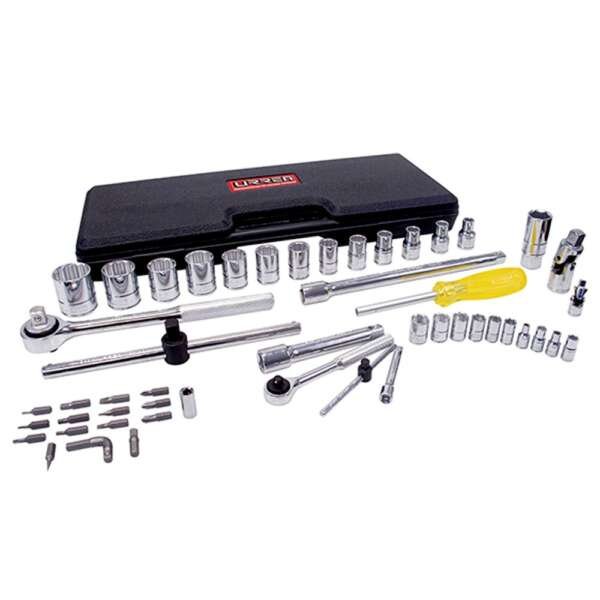 URREA  |  4754PM  |  JGO. DADOS Y ACCESORIOS CUADROS 1/4 Y 1/2" MM 6/12 PUNTAS 50 PZAS C/ESTUCHE PLASTICO