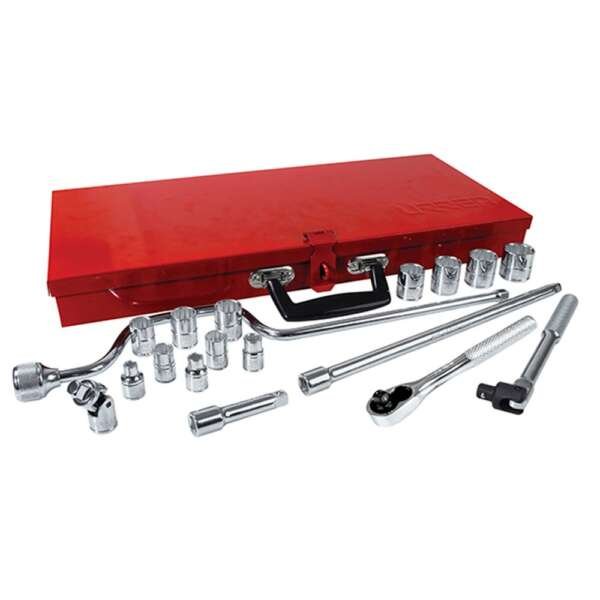 URREA  |  5200AC  |  JGO. DADOS Y ACCESORIOS CUADRO 3/8" STD 12 PUNTAS 19 PZAS C/CAJA METALICA
