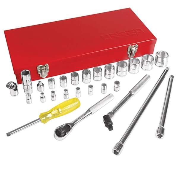 URREA  |  5200A  |  JGO. DADOS Y ACCESORIOS CUADROS 1/4 Y 3/8" STD 6 PUNTAS 27 PZAS C/CAJA METALICA