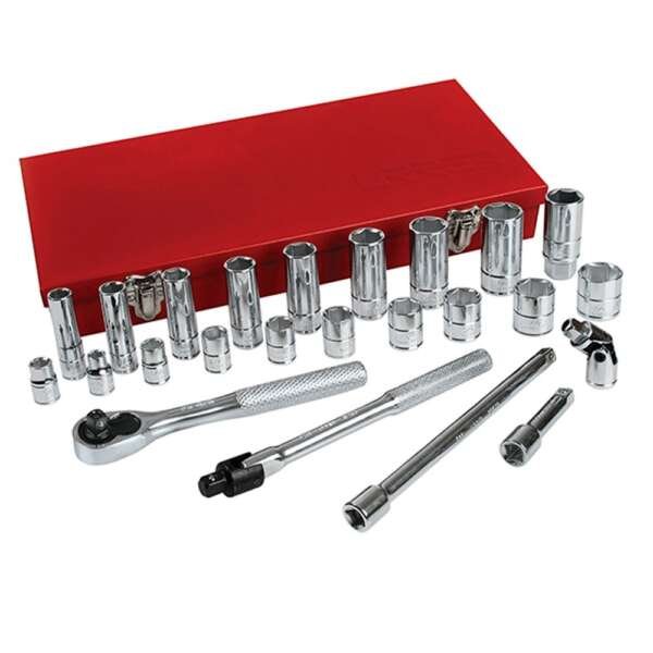URREA  |  5200CL  |  JGO. DADOS Y ACCESORIOS CUADRO 3/8" STD 6 PUNTAS 25 PZAS C/CAJA METALICA