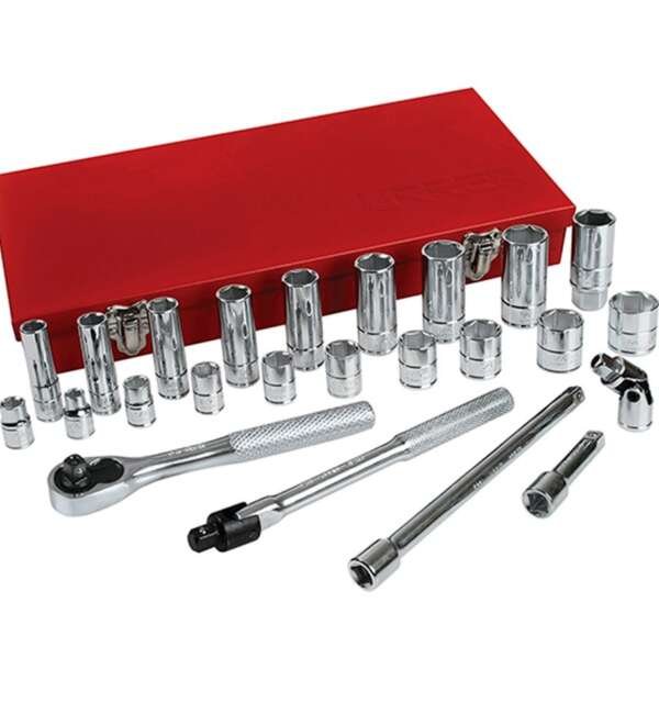 URREA  |  5200CL  |  JGO. DADOS Y ACCESORIOS CUADRO 3/8" STD 6 PUNTAS 25 PZAS C/CAJA METALICA