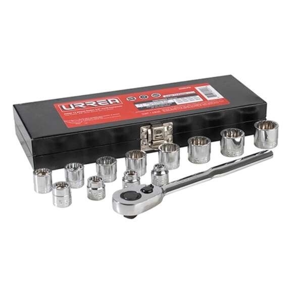 URREA  |  5200LPM  |  JGO. DADOS Y MATRACA CUADRO 3/8" MM 12 PUNTAS 13 PZAS C/CAJA METALICA