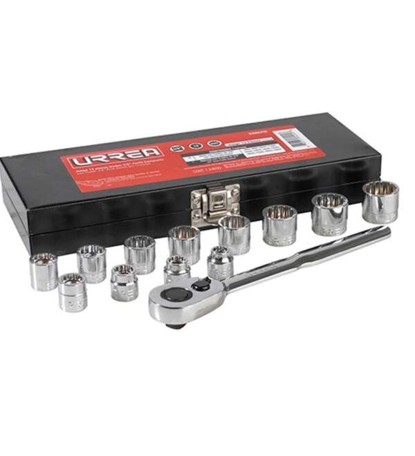 URREA  |  5200LP  |  JGO. DADOS Y MATRACA CUADRO 3/8" STD 12 PUNTAS 13 PZAS C/CAJA METALICA