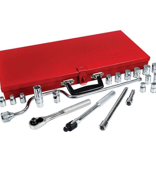 URREA  |  5200M  |  JGO. DADOS Y ACCESORIOS CUADRO 3/8" MM 12 PUNTAS 21 PZAS C/CAJA METALICA