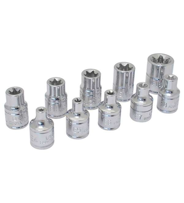 URREA  |  5200TX  |  JGO. DADOS TORX HEMBRA CUADRO 3/8" DE E4 A E18 10 PZAS EN RIEL