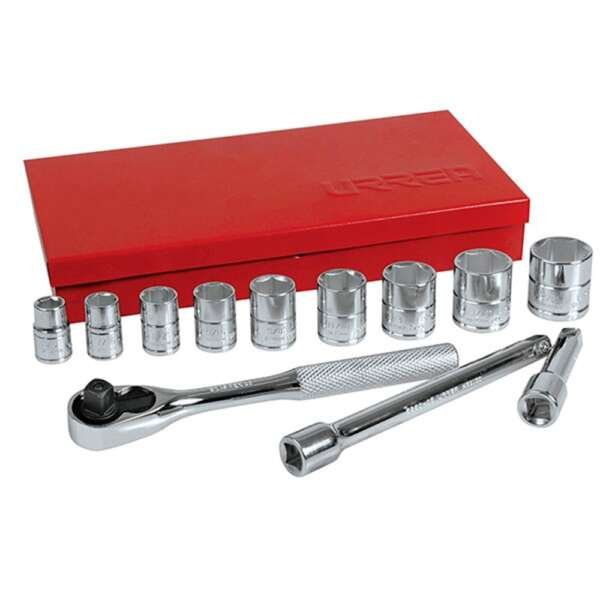 URREA  |  52128  |  JGO. DADOS Y ACCESORIOS CUADRO 3/8" STD 6 PUNTAS 13 PZAS C/CAJA METALICA