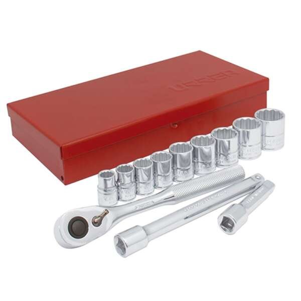 URREA  |  52130  |  JGO. DADOS Y ACCESORIOS CUADRO 3/8" STD 12 PUNTAS 13 PZAS C/CAJA METALICA