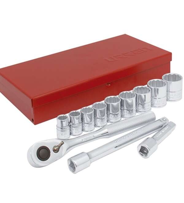 URREA  |  52130  |  JGO. DADOS Y ACCESORIOS CUADRO 3/8" STD 12 PUNTAS 13 PZAS C/CAJA METALICA