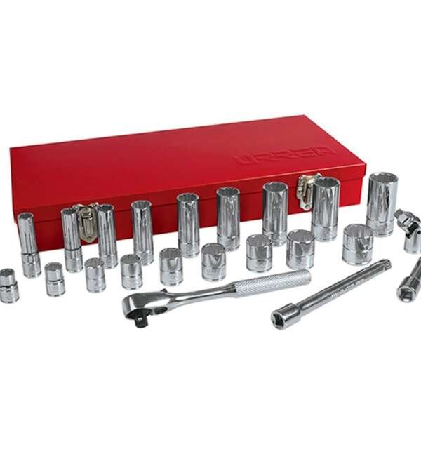 URREA  |  52136  |  JGO. DADOS Y ACCESORIOS CUADRO 3/8" STD 12 PUNTAS 23 PZAS C/CAJA METALICA