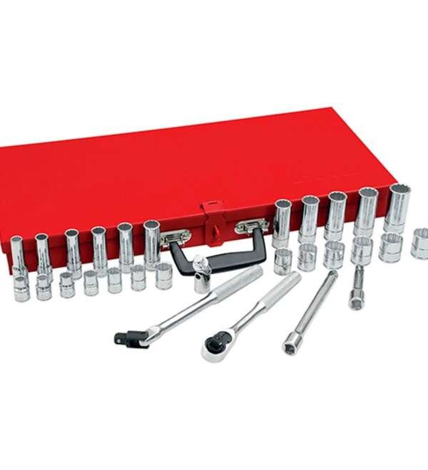 URREA  |  52222  |  JGO. DADOS Y ACCESORIOS CUADRO 3/8"MM 12 PUNTAS 30 PZAS C/CAJA METALICA