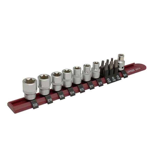 URREA  |  52ET14  |  JGO. DADOS TORX HEMBRA Y PUNTAS CUADRO 3/8" DE E10/E20 Y T20/T45 14 PZAS EN RIEL