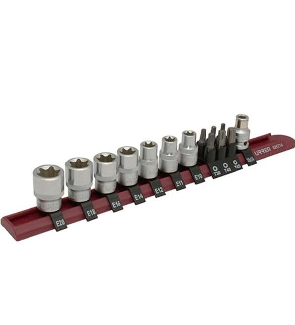 URREA  |  52ET14  |  JGO. DADOS TORX HEMBRA Y PUNTAS CUADRO 3/8" DE E10/E20 Y T20/T45 14 PZAS EN RIEL