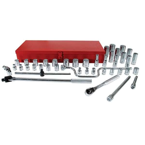URREA  |  5400G  |  JGO. DADOS Y ACCESORIOS CUADRO 1/2" STD 6/12 PUNTAS 43 PZAS C/CAJA METALICA