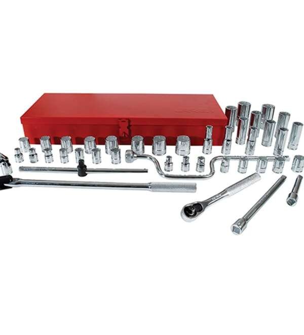 URREA  |  5400G  |  JGO. DADOS Y ACCESORIOS CUADRO 1/2" STD 6/12 PUNTAS 43 PZAS C/CAJA METALICA