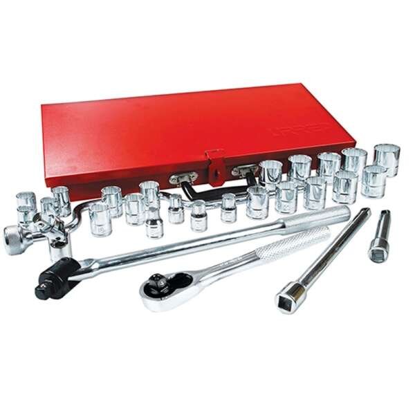 URREA  |  5400M  |  JGO. DADOS Y ACCESORIOS CUADRO 1/2" MM 12 PUNTAS 29 PZAS C/CAJA METALICA