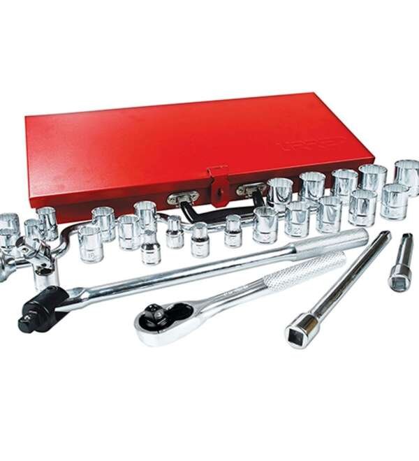 URREA  |  5400M  |  JGO. DADOS Y ACCESORIOS CUADRO 1/2" MM 12 PUNTAS 29 PZAS C/CAJA METALICA