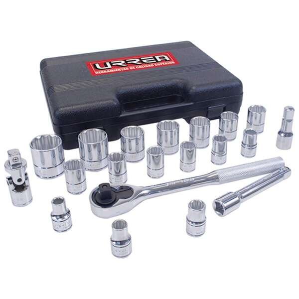 URREA  |  5400PB  |  JGO. DADOS Y ACCESORIOS CUADRO 1/2" STD 12 PUNTAS 20 PZAS C/ESTUCHE PLASTICO