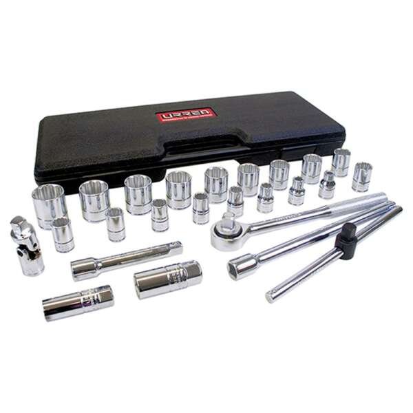 URREA  |  5400PC  |  JGO. DADOS Y ACCESORIOS CUADRO 1/2" STD 12 PUNTAS 25 PZAS C/ESTUCHE PLASTICO