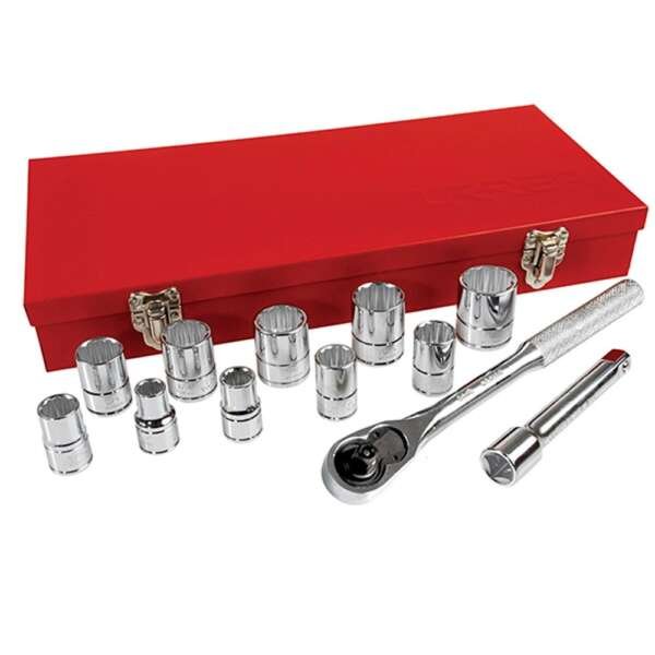 URREA  |  54116  |  JGO. DADOS Y ACCESORIOS CUADRO 1/2" STD 12 PUNTAS 13 PZAS C/CAJA METALICA