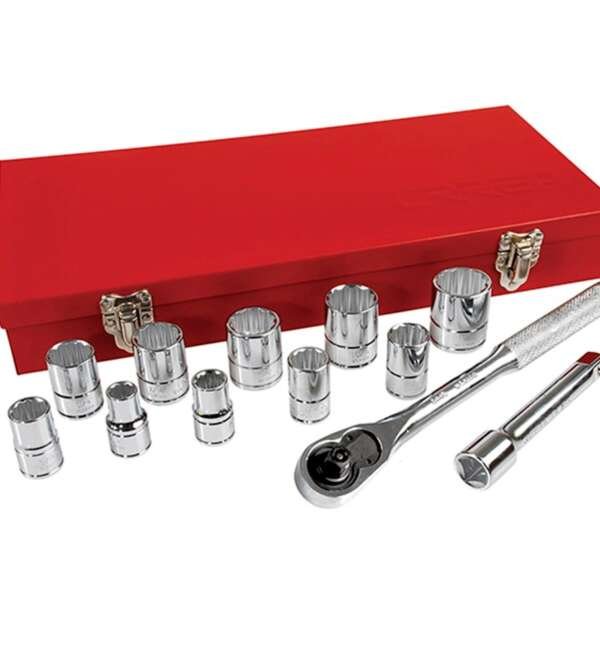 URREA  |  54116  |  JGO. DADOS Y ACCESORIOS CUADRO 1/2" STD 12 PUNTAS 13 PZAS C/CAJA METALICA