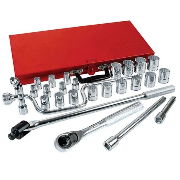 URREA  |  54124  |  JGO. DADOS Y ACCESORIOS CUADRO 1/2" STD 12 PUNTAS 28 PZAS C/CAJA METALICA