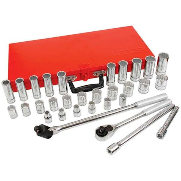 URREA  |  54214A  |  JGO. DADOS Y ACCESORIOS CUADRO 1/2" MM 12 PUNTAS 32 PZAS C/CAJA METALICA
