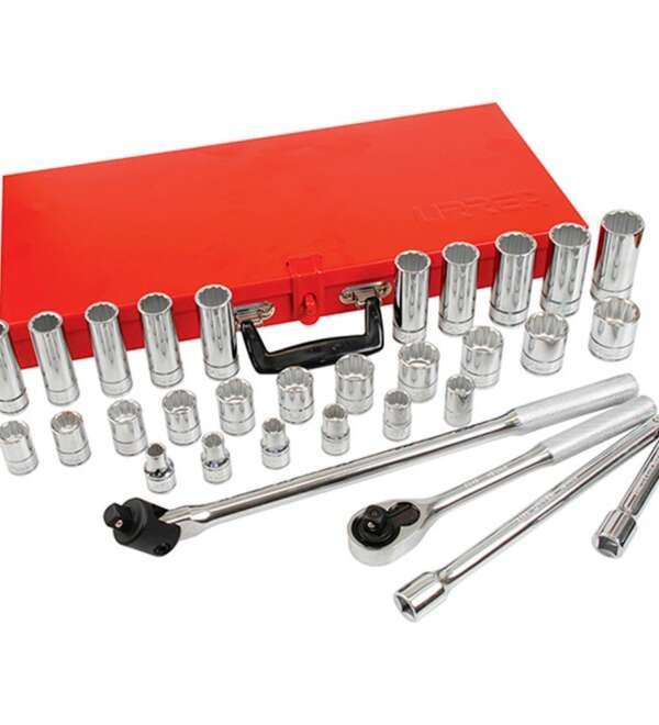 URREA  |  54214A  |  JGO. DADOS Y ACCESORIOS CUADRO 1/2" MM 12 PUNTAS 32 PZAS C/CAJA METALICA