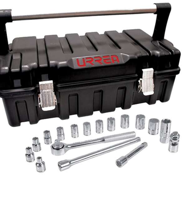 URREA  |  54P17  |  JGO. DADOS Y ACCESORIOS CUADRO 1/2" STD 12 PUNTAS 18 PZAS C/CAJA PLASTICO