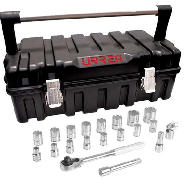 URREA  |  54P20  |  JGO. DADOS Y ACCESORIOS CUADRO 1/2" STD 12 PUNTAS 21 PZAS C/CAJA PLASTICO