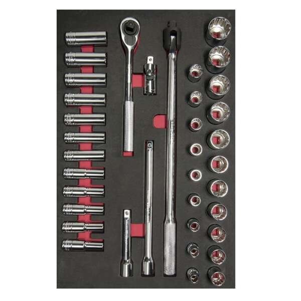 URREA  |  CH311  |  JGO DE DADOS Y ACCESORIOS CUADRO 1/2" MM 6/12 PUNTAS 37PZ EN MODULO