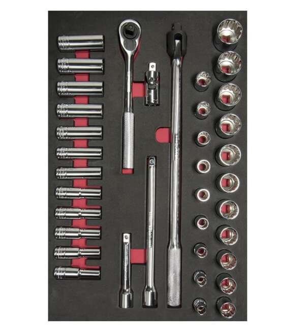 URREA  |  CH311  |  JGO DE DADOS Y ACCESORIOS CUADRO 1/2" MM 6/12 PUNTAS 37PZ EN MODULO
