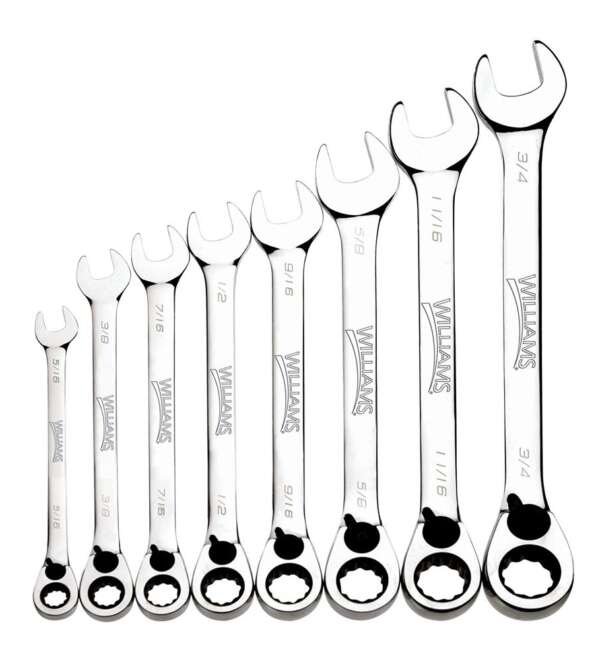 WILLIAMS  |  WS-1168RC  |  JGO. LLAVES COMBINADAS C/MATRACA 5/16-3/4" 8PZAS